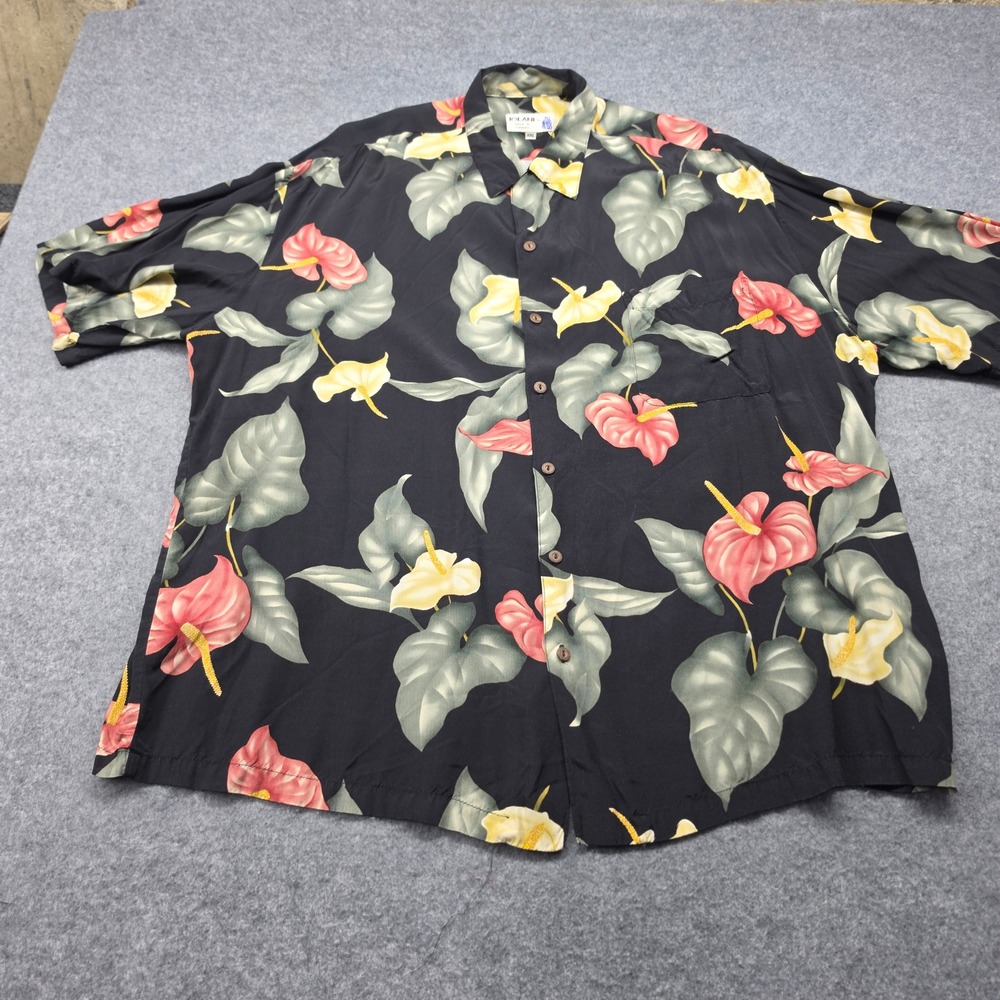 Iolani Hawaiian Shirt Mens XXL Black Pink Anthurium Floral Made In Hawaii Aloha